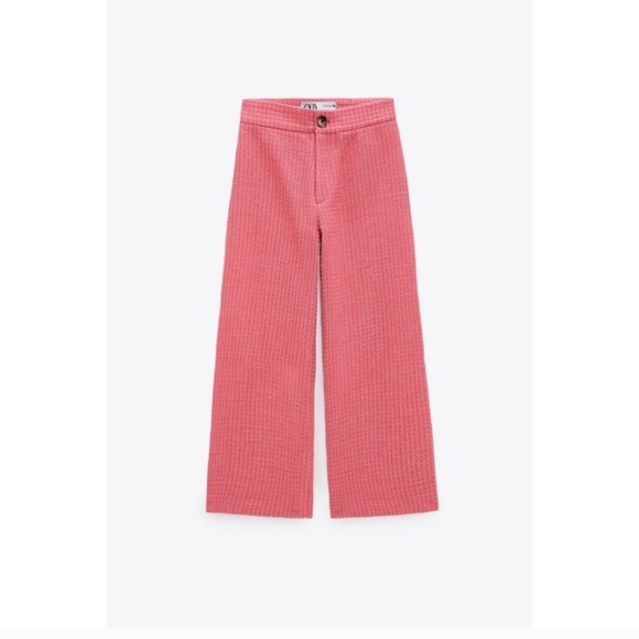 Zara Cropped Fit Tweed Textured Wide Leg Pants Pink Size Medium - Picture 3 of 10